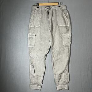 Nicole‎ Miller Linen Jogger Pants Beige Large Boho Resort Slouchy Pockets Cargo